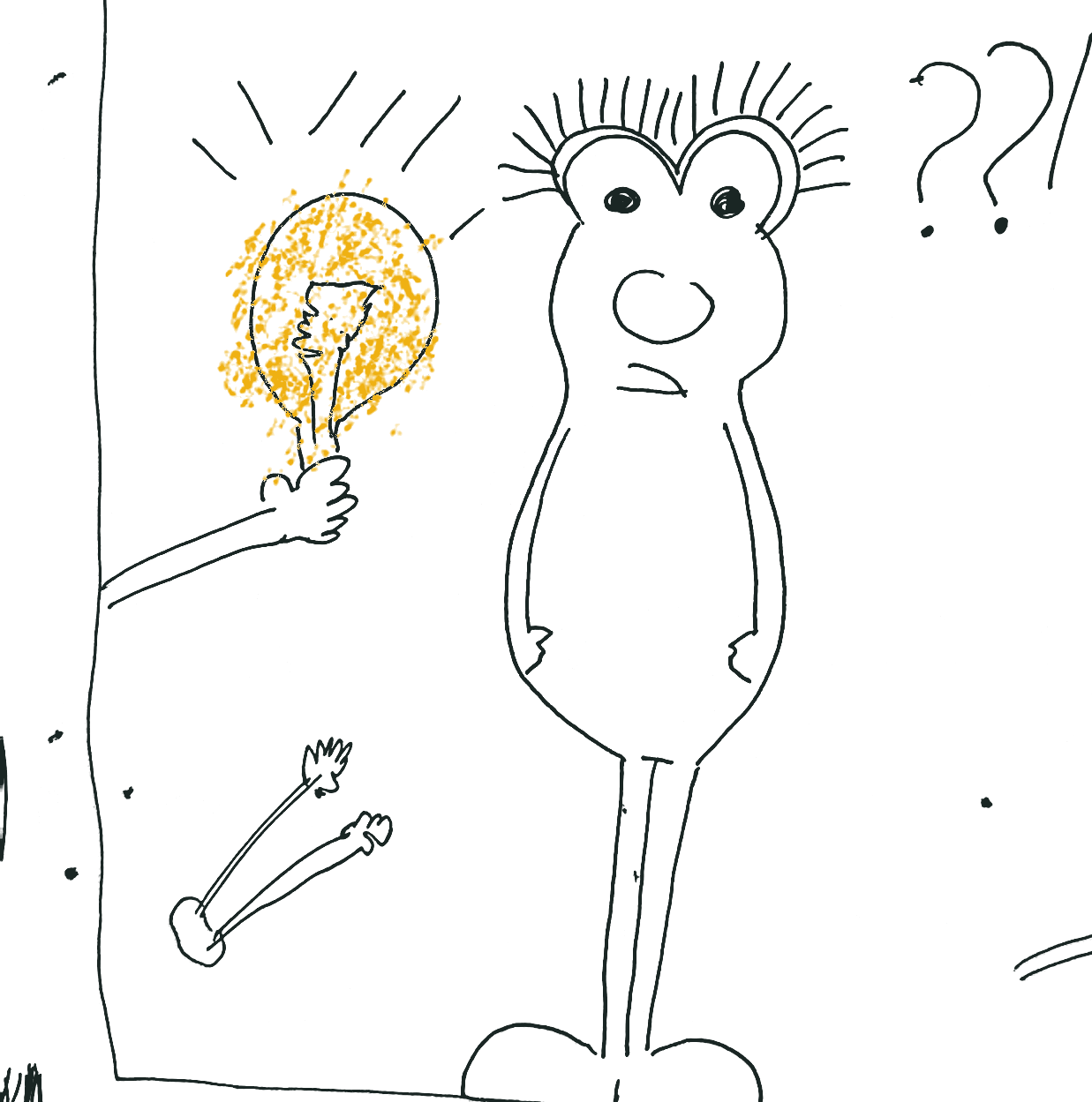 Hand-drawn illustration: a figure with a lightbulb idea